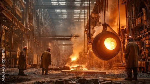 Workers in an industrial foundry overseeing the processing of iron, with intense heat radiating from the furnaces as molten metal is poured into large molds for shaping. photo