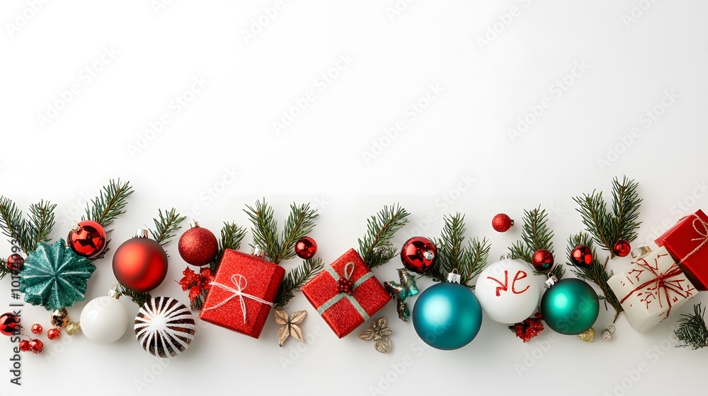 Festive Christmas Decorations with Pine Branches, Ornaments, and Gifts Festive Christmas Decorations with Pine Branches, Ornaments, and Gifts