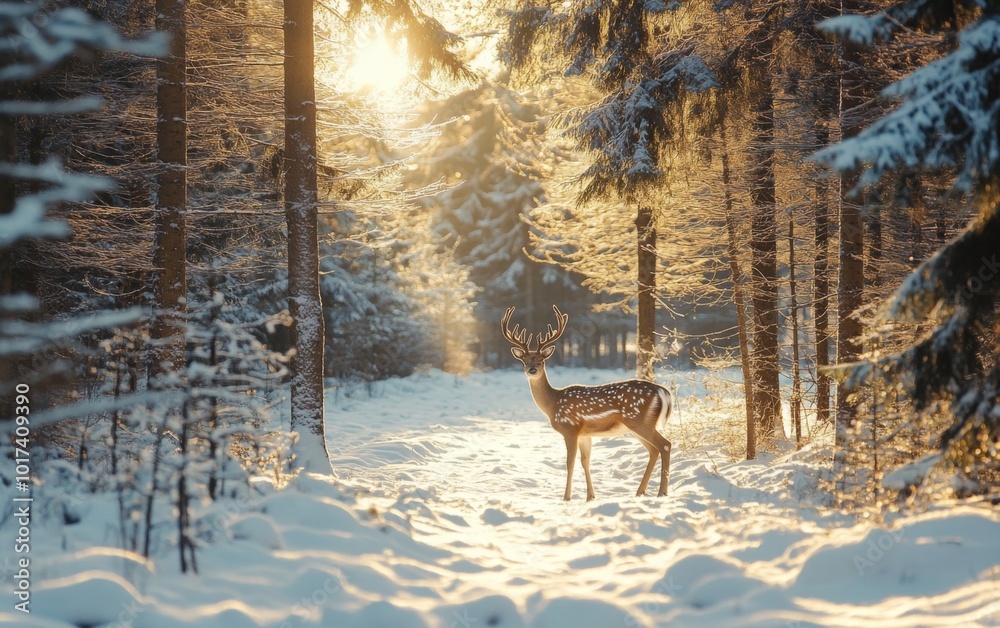 A snowy forest clearing with a deer standing in the snow, soft light filtering through trees A snowy forest clearing with a deer standing in the snow, soft light filtering through trees