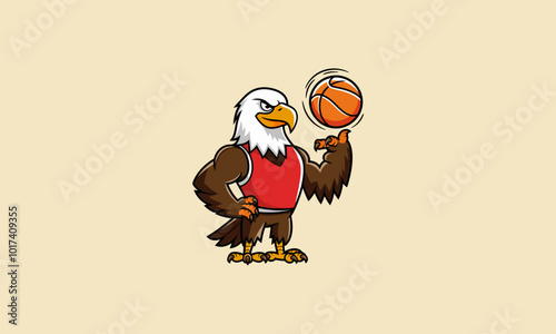 Basketball-playing eagle mascot spinning ball in red jersey