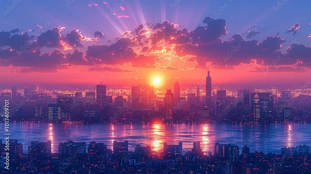 Skyline at Twilight: A stunning view of a city skyline at twilight with glowing lights and contemporary architecture ideal for urban themes and city-related projects. High resolution Illustration, in Skyline at Twilight: A stunning view of a city skyline at twilight with glowing lights and contemporary architecture ideal for urban themes and city-related projects. High resolution Illustration, in