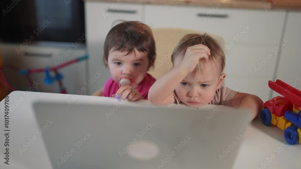 twin baby children a playing laptop watching video in the kitchen. happy family kid dream concept. lifestyle baby twins playing video game on laptop looking at screen in kitchen twin baby children a playing laptop watching video in the kitchen. happy family kid dream concept. lifestyle baby twins playing video game on laptop looking at screen in kitchen