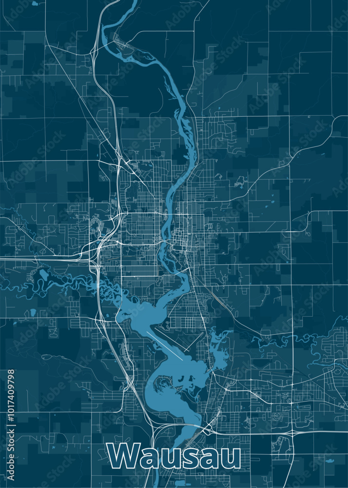 A detailed map of Wausau, Wisconsin, rendered in a minimalist style. The map features a dark blue background with a network of white lines representing roads and streets. A detailed map of Wausau, Wisconsin, rendered in a minimalist style. The map features a dark blue background with a network of white lines representing roads and streets.