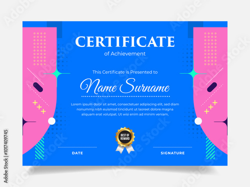 Pop Certificate of employee appreciation template. Memphis graphic with gold badge. Perfect for your company's employee appreciation awards