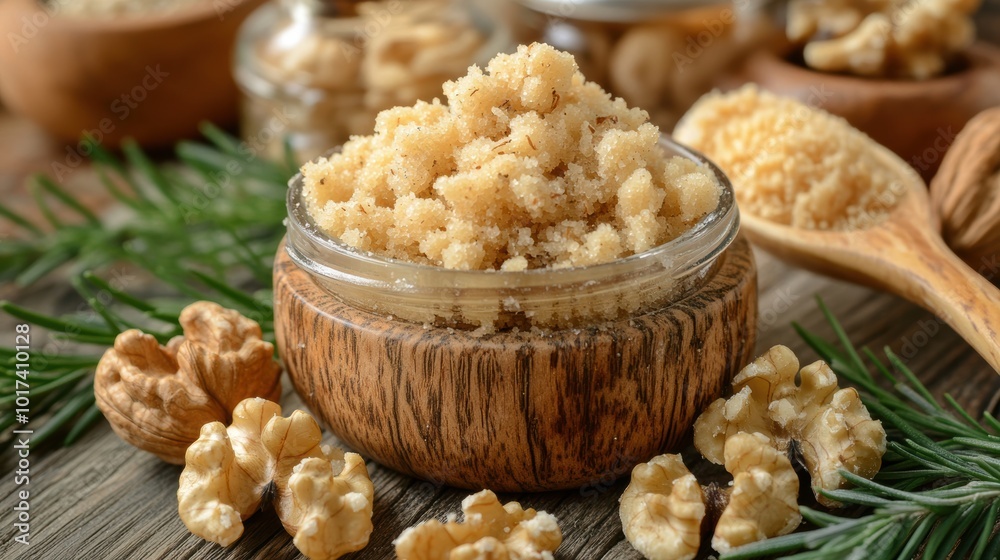 A luxurious scrub cream in an elegant jar, made from finely crushed walnut seeds, surrounded by natural ingredients, designed for exfoliation and brightening skin A luxurious scrub cream in an elegant jar, made from finely crushed walnut seeds, surrounded by natural ingredients, designed for exfoliation and brightening skin