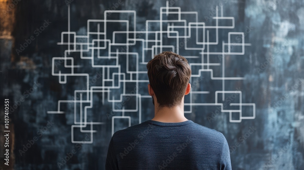 Person analyzing abstract diagrams on the wall in a creative workspace. Person analyzing abstract diagrams on the wall in a creative workspace.