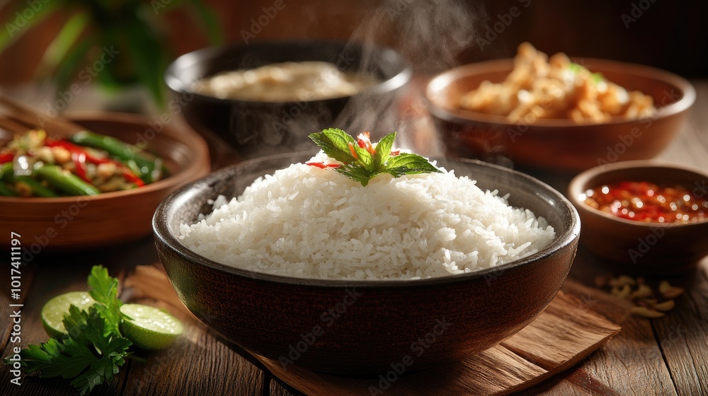 Delicious Steaming Rice with Aromatic Herbs and Sauces Delicious Steaming Rice with Aromatic Herbs and Sauces