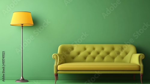 Minimalist Green Living Room Interior: Yellow Couch with a Floor Lamp Against a Green Wall for Modern Home Design photo