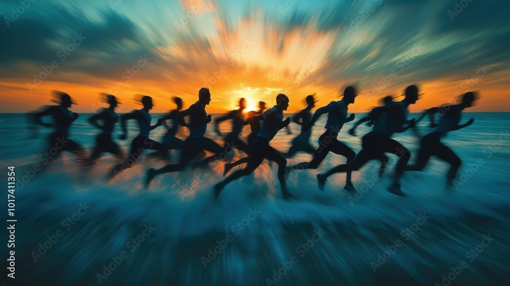Fototapeta premium Runners blur past at sunset over ocean waves, creating a dynamic athletic scene.
