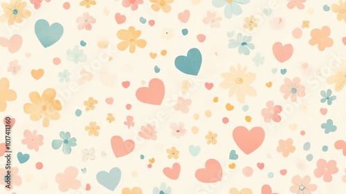 a background filled with small, delicate hearts and flowers in pastel tones like light pink, butter yellow, and sky blue.