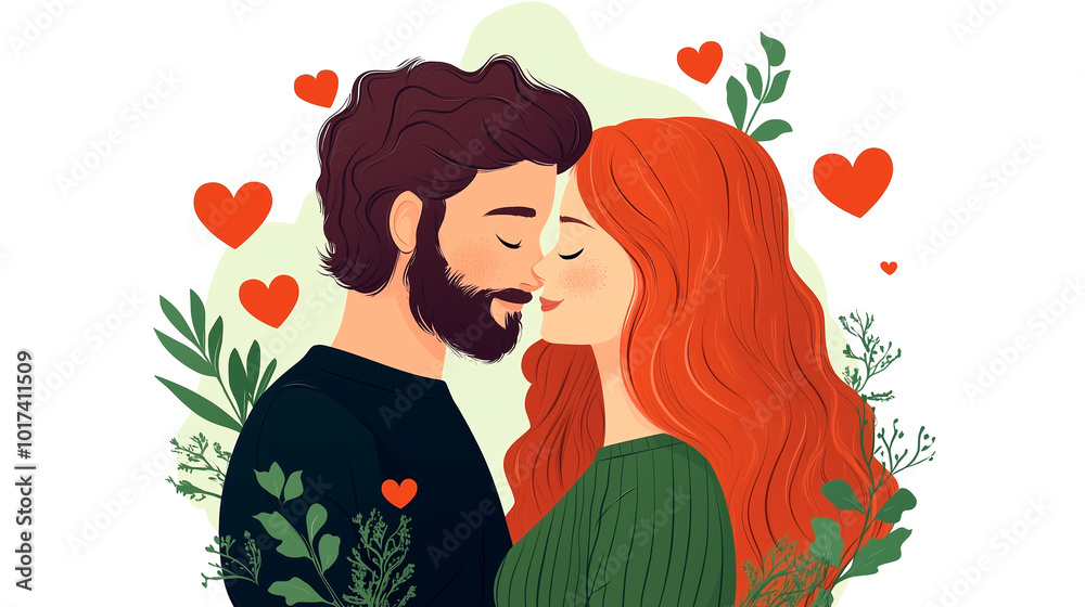 A man and woman are kissing in a drawing of a couple. The drawing is full of hearts and leaves, giving it a romantic and loving atmosphere A man and woman are kissing in a drawing of a couple. The drawing is full of hearts and leaves, giving it a romantic and loving atmosphere
