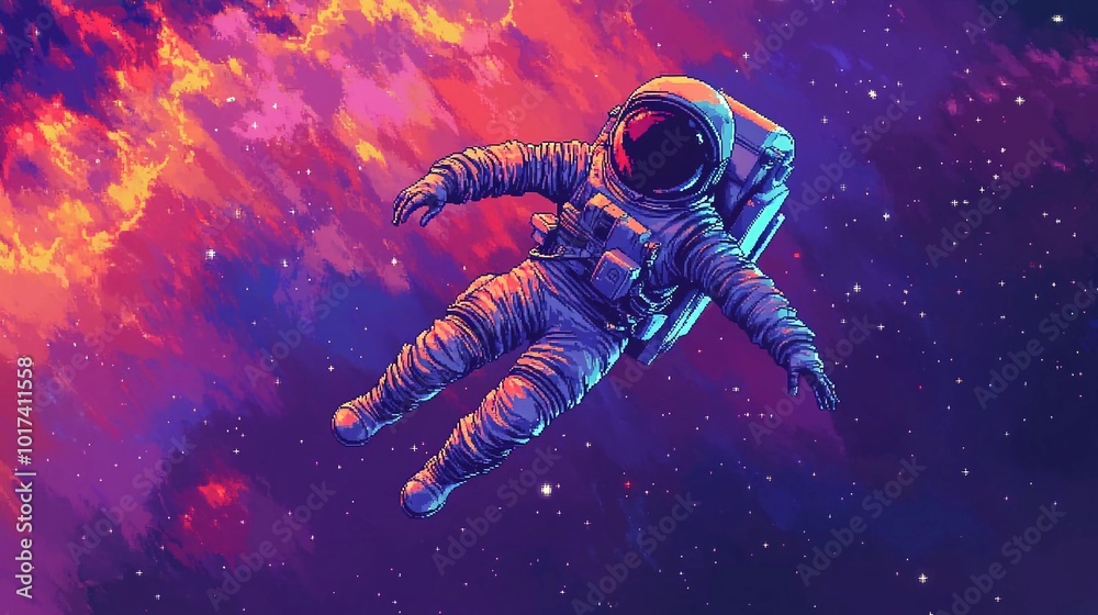 A 2D pixel art illustration of an astronaut drifting in space with retro gaming aesthetic, beautifully pixelated with vibrant colors, detailed and charming background