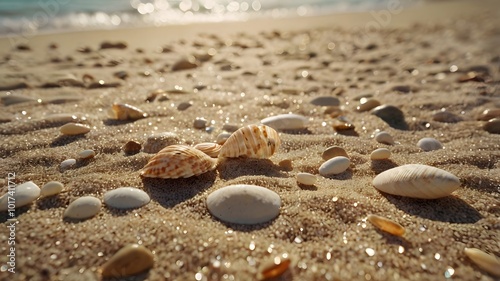 Amazing shells on the beach backdrop.