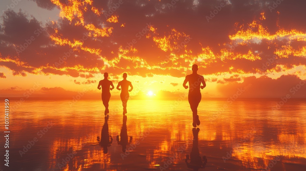 Fototapeta premium Silhouette runners during sunset over reflective water surface.