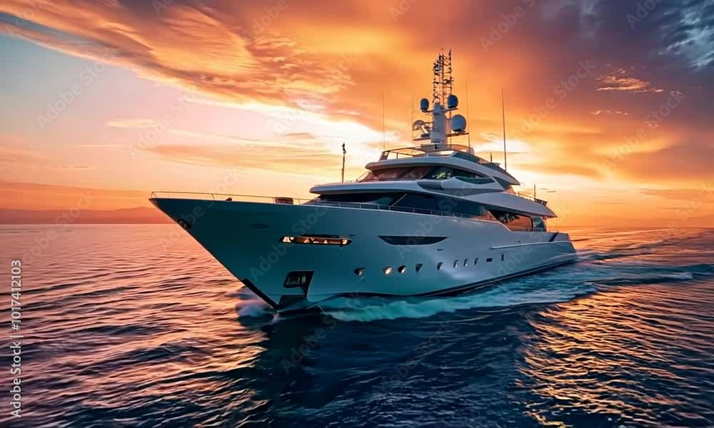Luxurious yacht sailing on the open ocean captured at sunset, symbolizing adventure and wealth Luxurious yacht sailing on the open ocean captured at sunset, symbolizing adventure and wealth