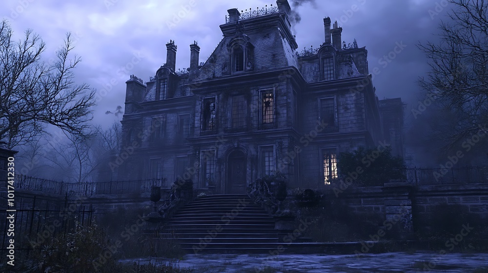 A haunting mansion shrouded in fog, exuding an eerie atmosphere. A haunting mansion shrouded in fog, exuding an eerie atmosphere.