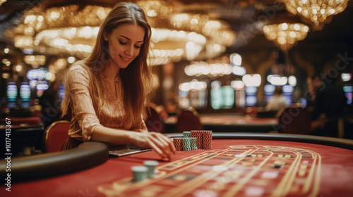 Woman playing roulette in a casino, focused on the spinning wheel with anticipation, surrounded by fellow gamblers and vibrant lights. photo