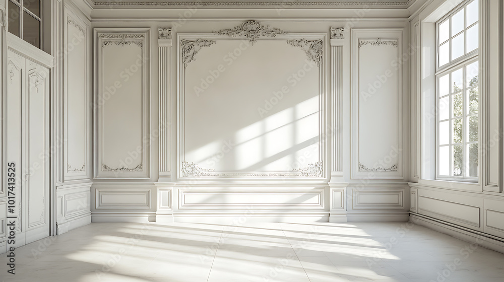 Empty, white room with ornate moldings and a large window, showcasing a beautiful, bright, and elegant interior. Empty, white room with ornate moldings and a large window, showcasing a beautiful, bright, and elegant interior.