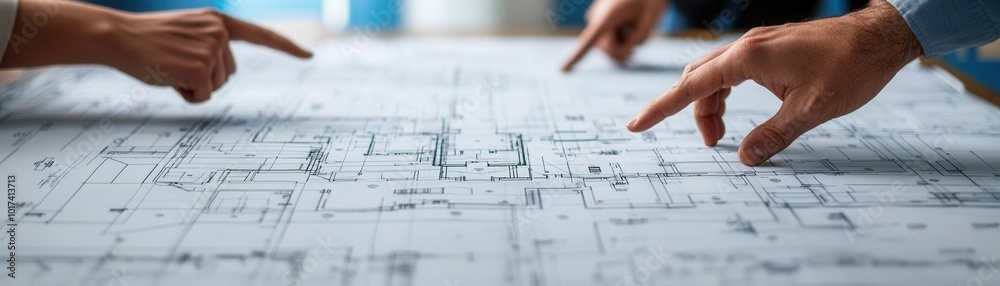 Close-up of architectural blueprints spread on a conference table, hands pointing at key details, engineer team collaboration Close-up of architectural blueprints spread on a conference table, hands pointing at key details, engineer team collaboration