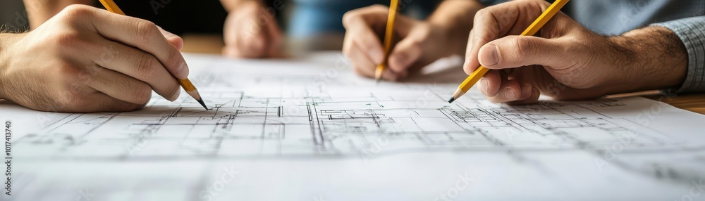 Close-up of architectural team using compasses and pencils over detailed blueprints, focus on hands only Close-up of architectural team using compasses and pencils over detailed blueprints, focus on hands only