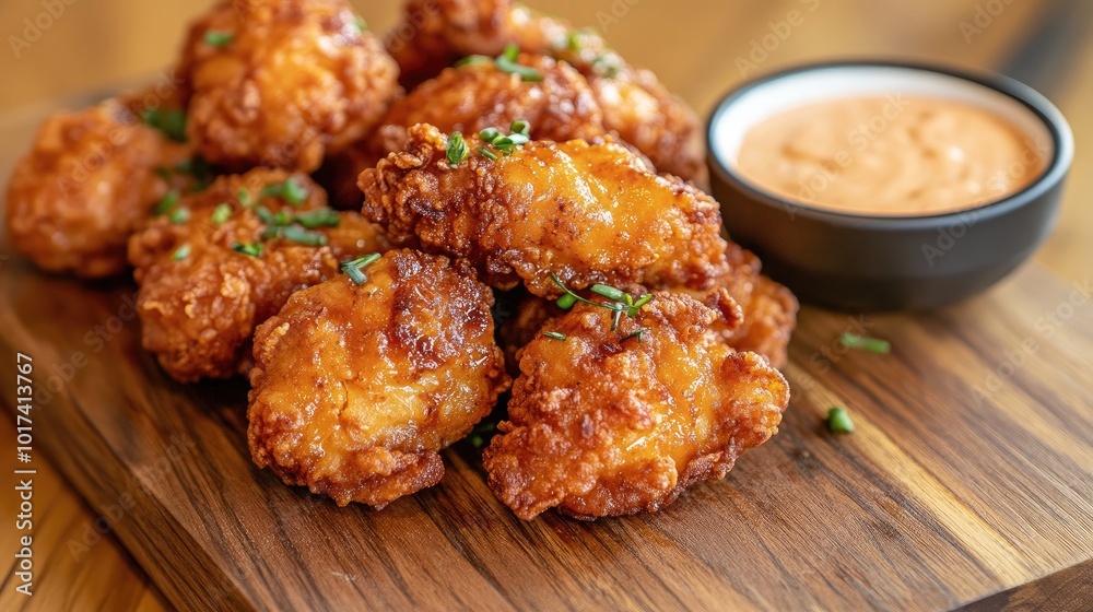 Crispy Chicken Bites with Dipping Sauce on Wooden Board Crispy Chicken Bites with Dipping Sauce on Wooden Board