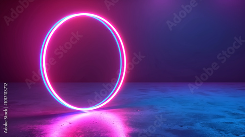 vibrant neon hoop glows in ultraviolet hues, casting colorful reflections on sleek surface. 80s inspired design evokes sense of nostalgia and energy