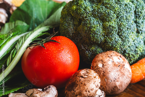 Fresh tomatoes, broccoli, and mushrooms on kitchen counter, plant base food background photo