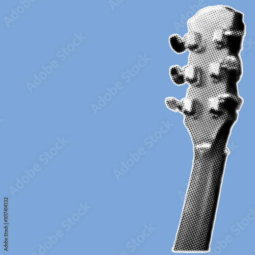 close up of tuning keys or head pegs acoustic guitar pixelate grayscale color halftone dotted texture style collage element isolated on blue background