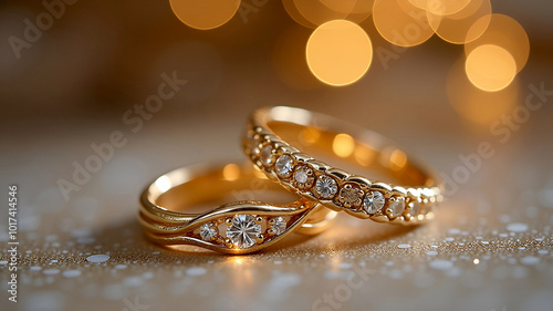 gold wedding rings with diamonds close up with beautiful bokeh