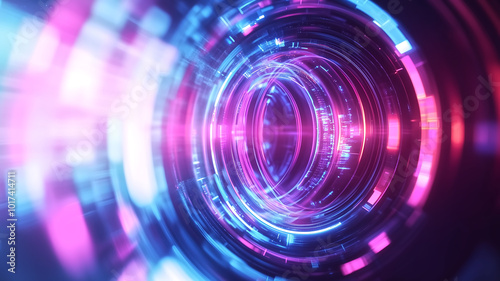 Vibrant abstract digital artwork featuring futuristic lens design with swirling colors of pink, blue, and purple, creating sense of depth and motion
