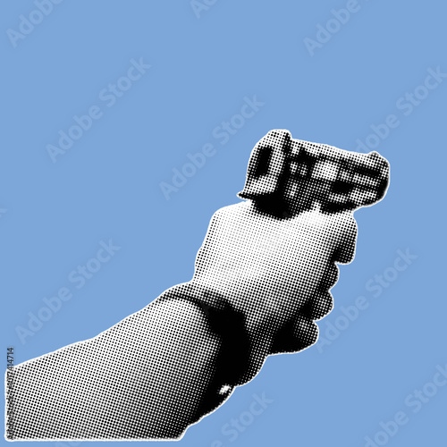 close up of hand holding gun pixelate grayscale color halftone dotted texture style collage element isolated on blue background