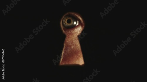 Male blue eye looking through the keyhole. The concept of voyeurism, curiosity, Stalker, surveillance and security