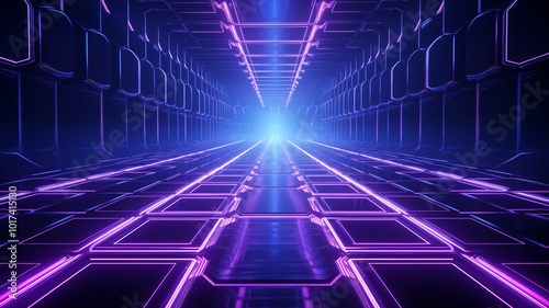 Futuristic neon grid space with glowing lines and bright light at end creates captivating and immersive atmosphere. This digital environment evokes sense of wonder and exploration