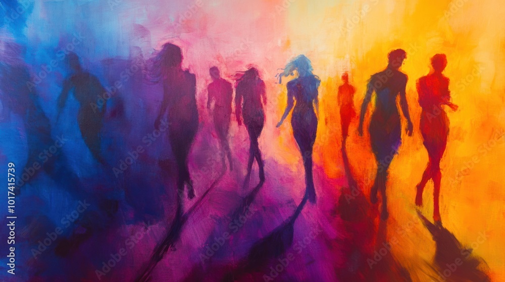 Silhouettes of People Walking in a Colorful Light Silhouettes of People Walking in a Colorful Light