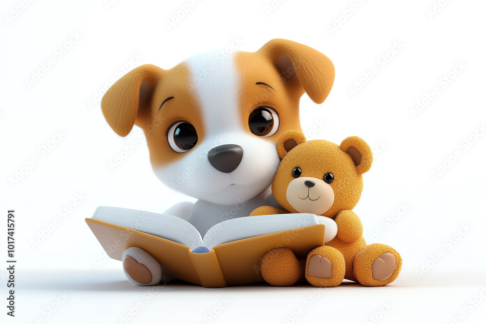 Adorable cartoon puppy reading a book with a cute teddy bear friend, perfect for kids' content and educational themes. Adorable cartoon puppy reading a book with a cute teddy bear friend, perfect for kids' content and educational themes.