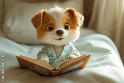 Adorable cartoon puppy in pajamas reads a book on a cozy bed, exuding warmth and charm, ideal for children's stories and bedtime themes.