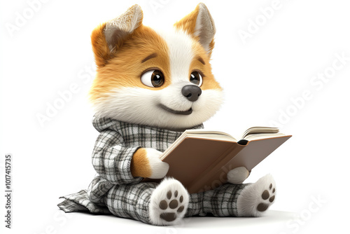 Adorable cartoon puppy in pajamas holding a book, enjoying a cozy reading time. Perfect for themes of relaxation and childhood.