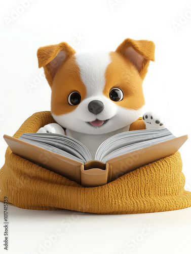 Adorable cartoon puppy reading a book on a cozy blanket, showcasing curiosity and cuteness in a whimsical setting.