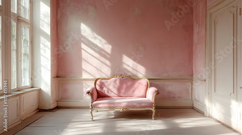 A pink velvet chaise lounge sits in a room with pink walls and a large window.