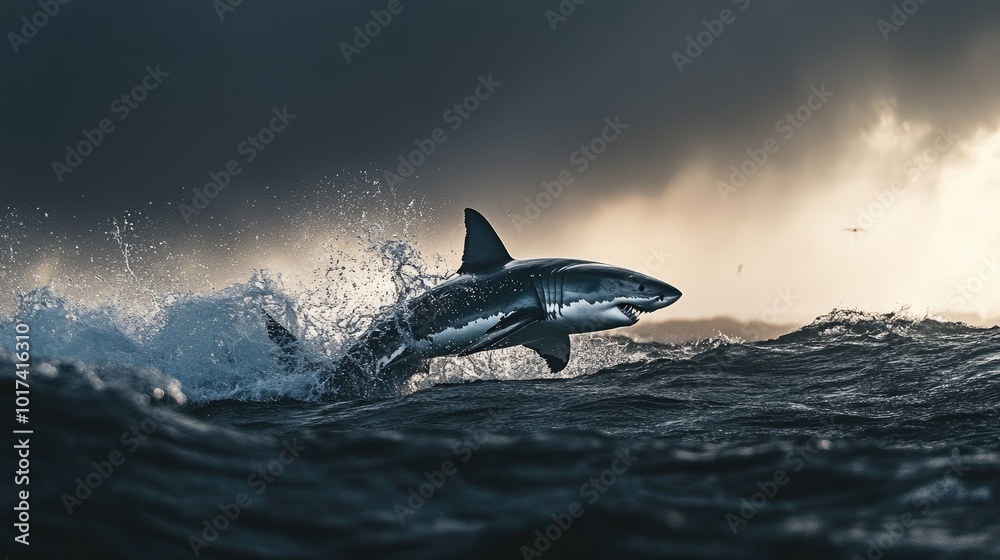 Fototapeta premium Powerful Shark Leaping from Ocean Waves at Dusk