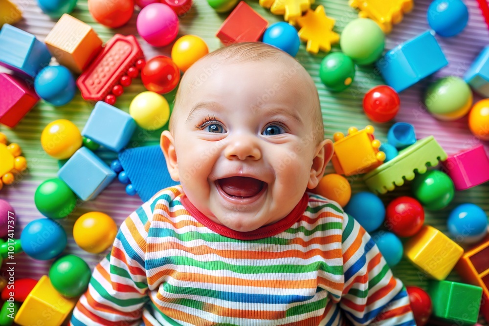 Baby lying with colorful toys smiling at camera close-up Baby lying with colorful toys smiling at camera close-up