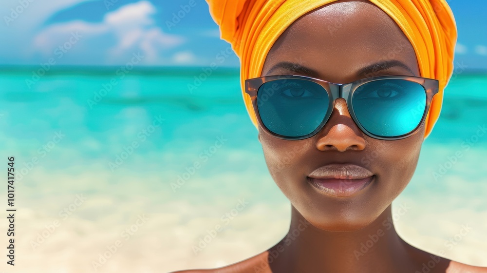 A stylish African American woman dons vibrant sunglasses and an orange headband, radiating summer vibes at the beach. A stylish African American woman dons vibrant sunglasses and an orange headband, radiating summer vibes at the beach.