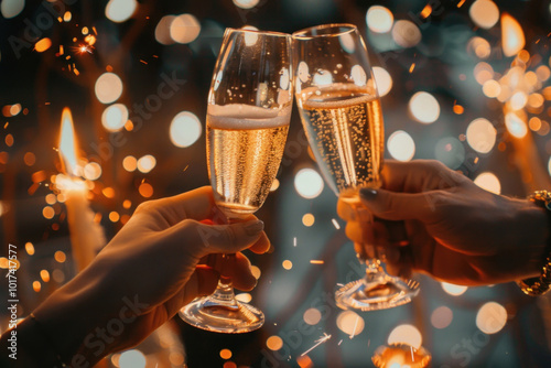 Two people toasting champagne glasses with sparkle.