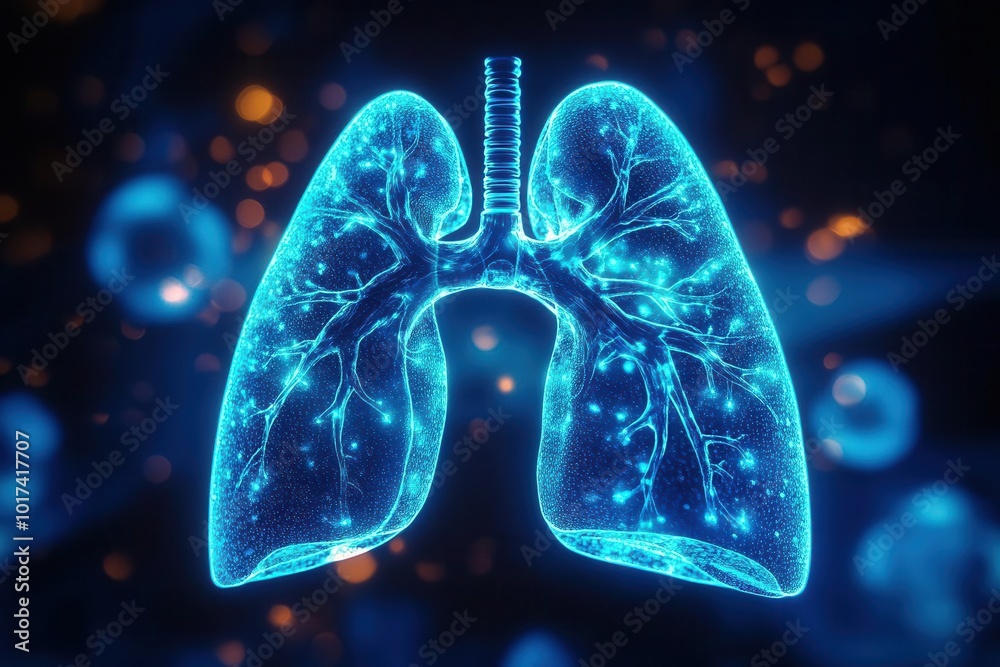 Holographic lung scan, virtual pneumonia diagnosis, neon blue medical glow