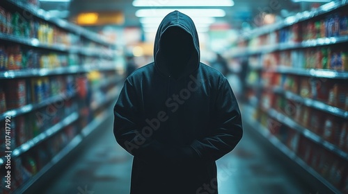 A hooded suspect lurks ominously in a retail aisle, capturing the  reality of theft in a nighttime setting. photo