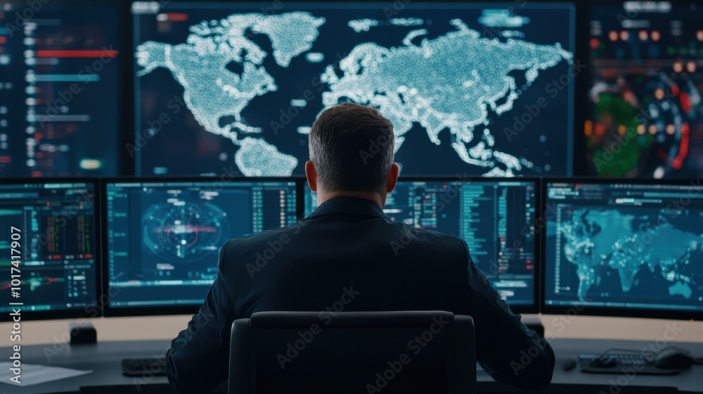 A focused businessman analyzes global data streams in a hightech control room, ensuring seamless operations.