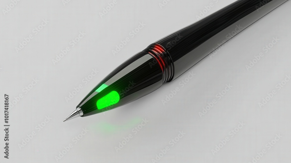 Sleek and futuristic black pen with a glowing green light tip Sleek and futuristic black pen with a glowing green light tip