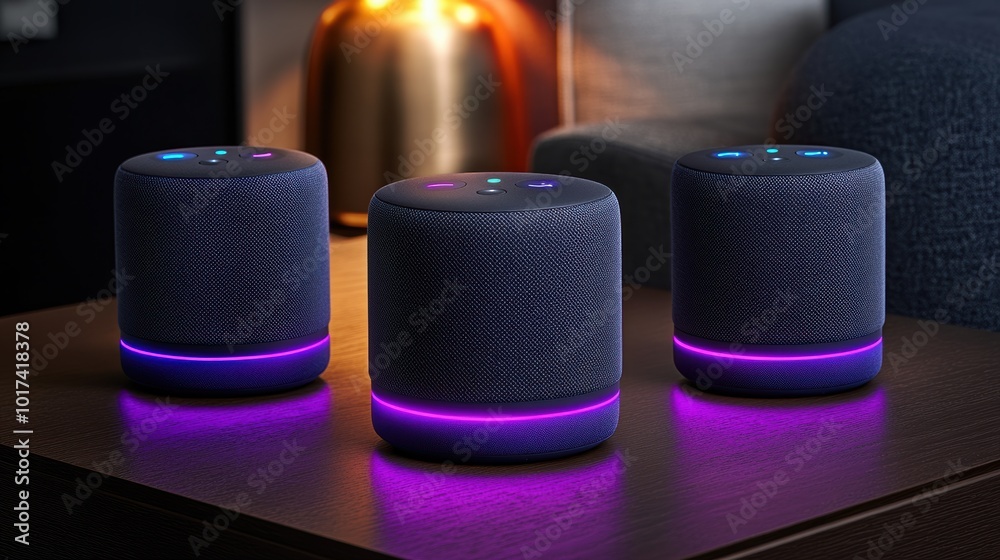 Image showcasing Multiple smart speakers placed around a modern home, creating a ...