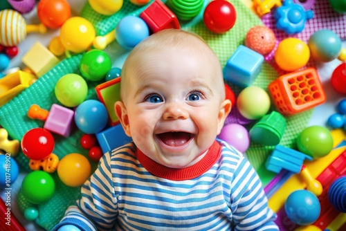 Happy baby on colorful mat surrounded by toys