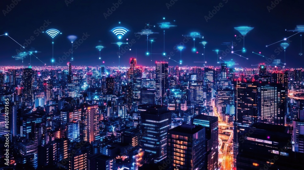 Futuristic Cityscape with Digital Connectivity Elements Futuristic Cityscape with Digital Connectivity Elements